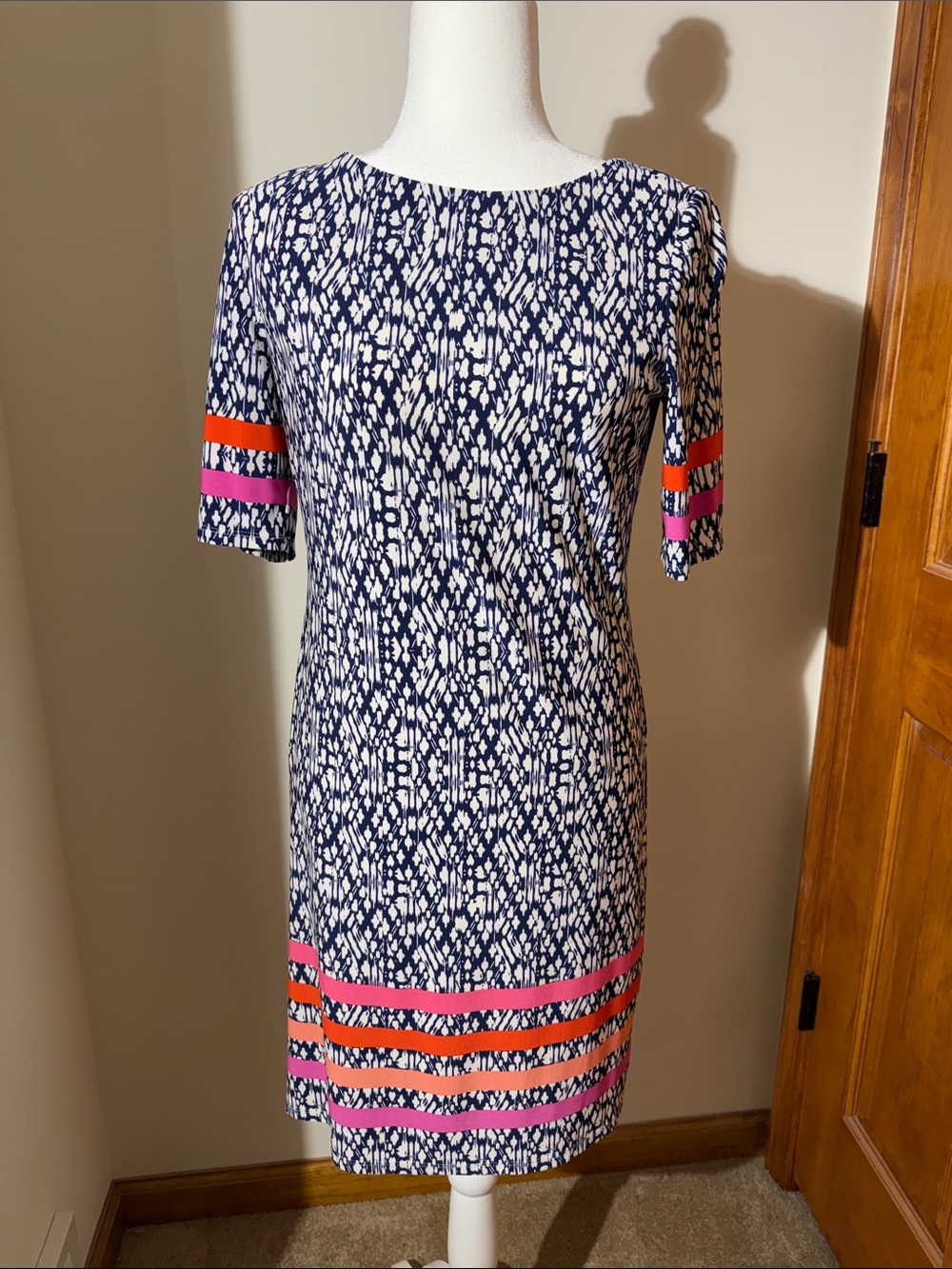 Eliza J Navy Ikat Midi Dress with Pink & Orange Stripes